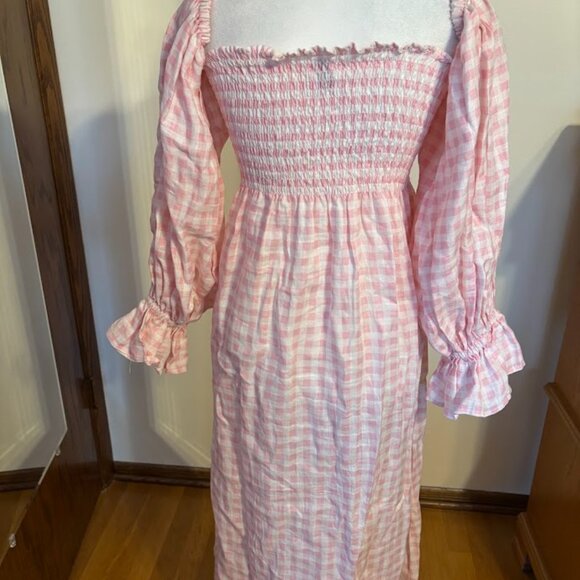 SLEEPER Of the Shoulder Midi Pink Gingham Dress - Pink/White - size Large - Picture 11 of 16
